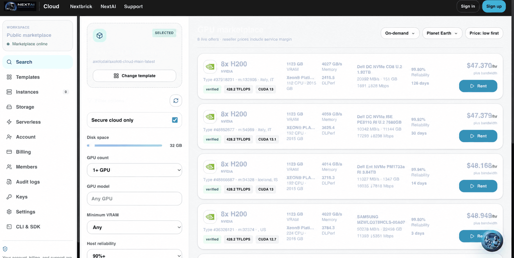 NextAI Cloud live GPU compute marketplace with private model templates and on-demand infrastructure