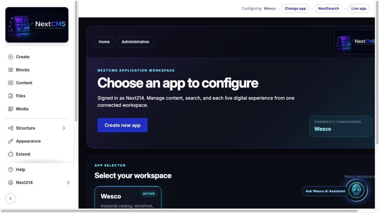 NextCMS application workspace for selecting and configuring governed digital experiences