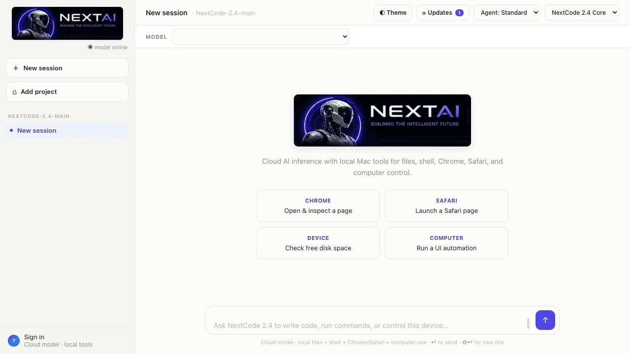 NextCode 2.4 repository-aware AI coding workspace with model and local tool controls
