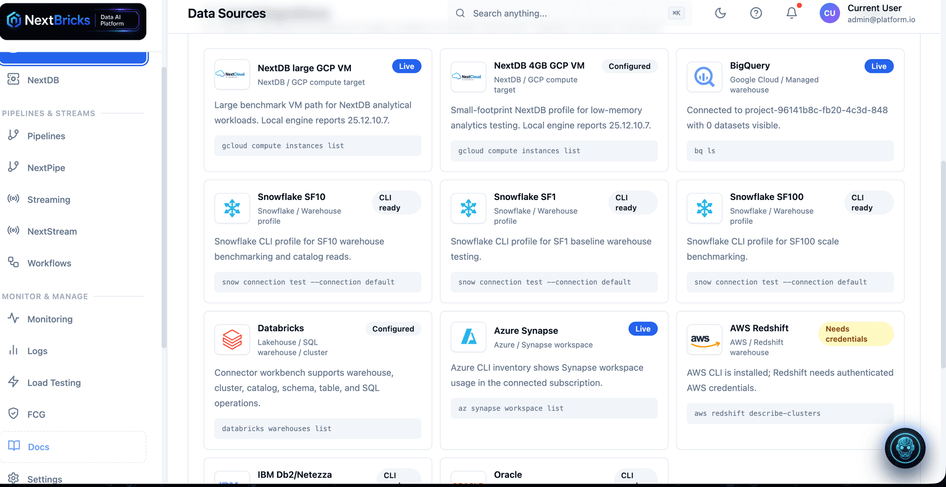 NextDB analytical data sources workspace connected to BigQuery, Snowflake, Databricks, Synapse, and Redshift