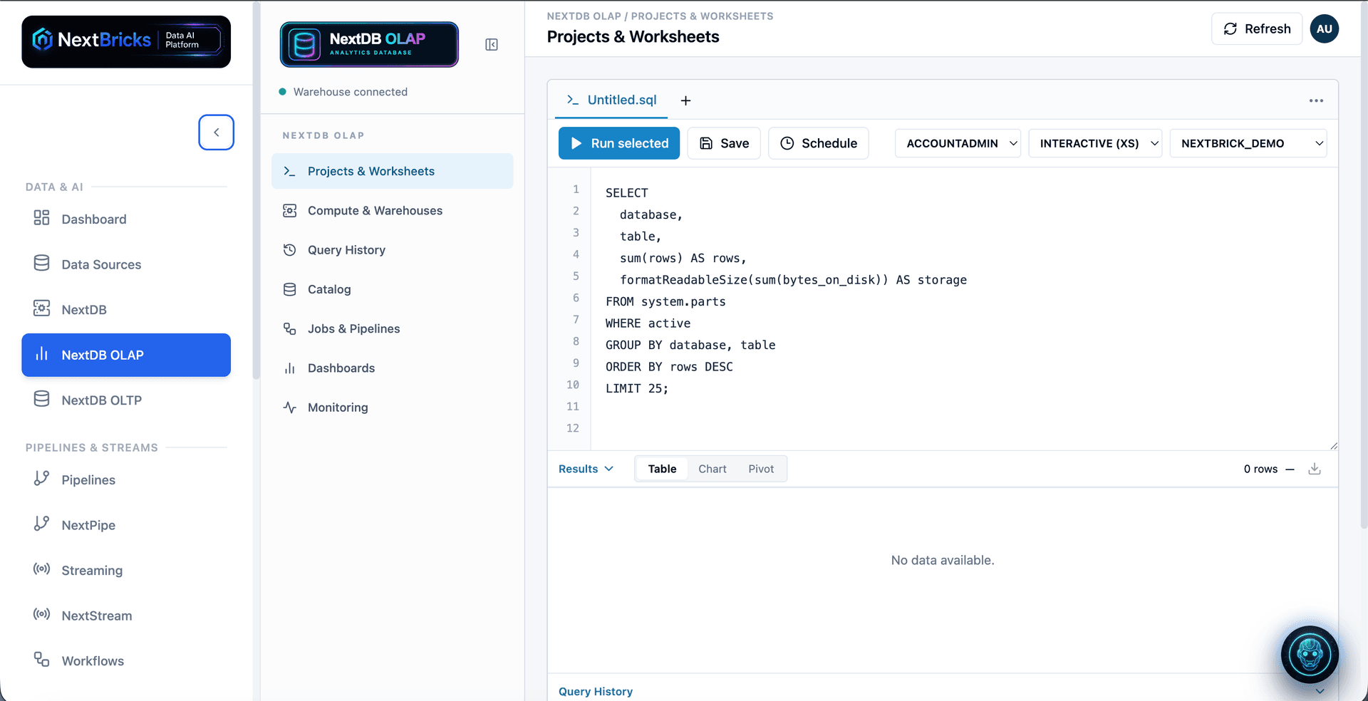 NextDB OLAP Projects and Worksheets workspace with analytical SQL, warehouses, catalogs, and pipelines