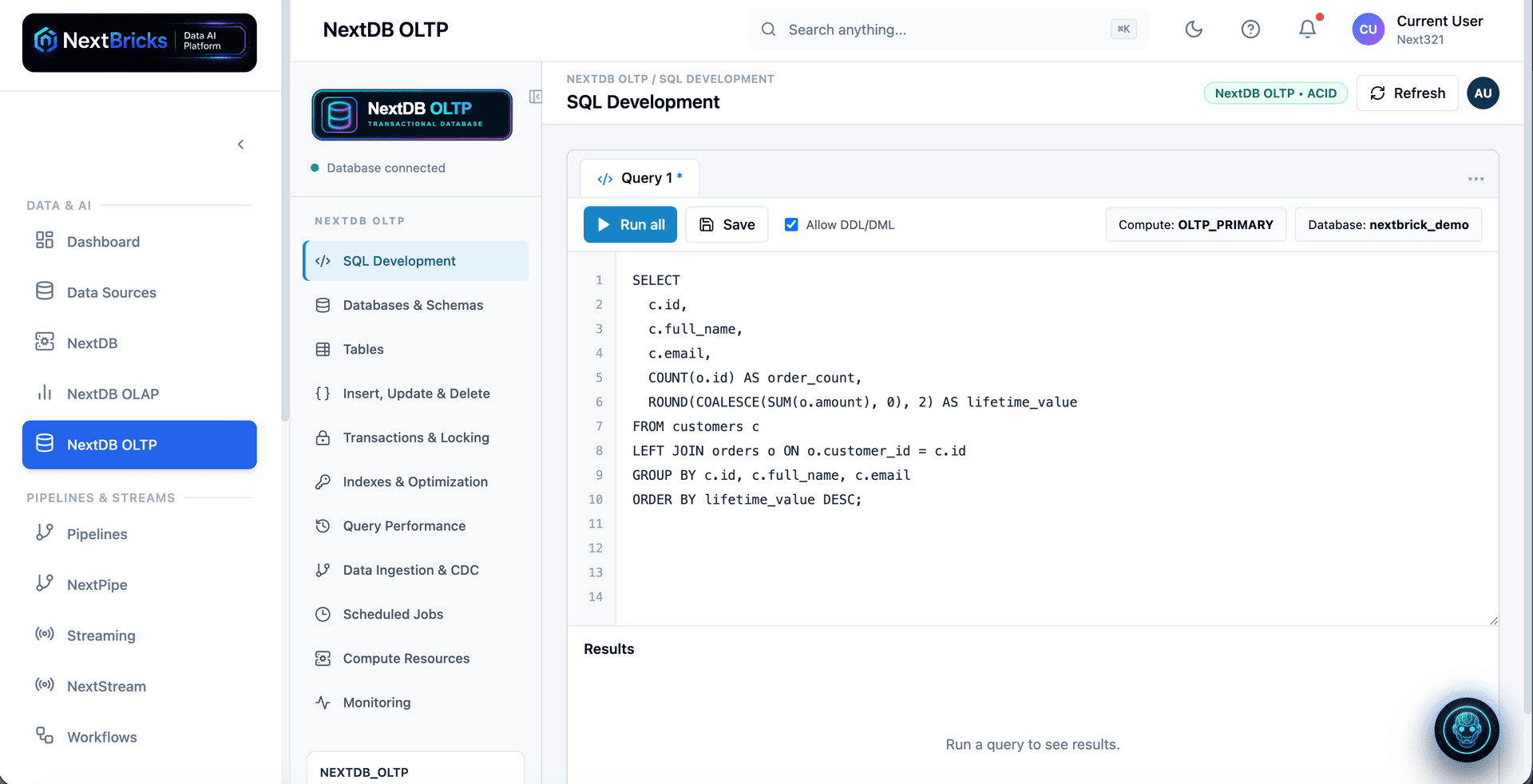 NextDB OLTP SQL Development workspace with transactional query editing and database controls