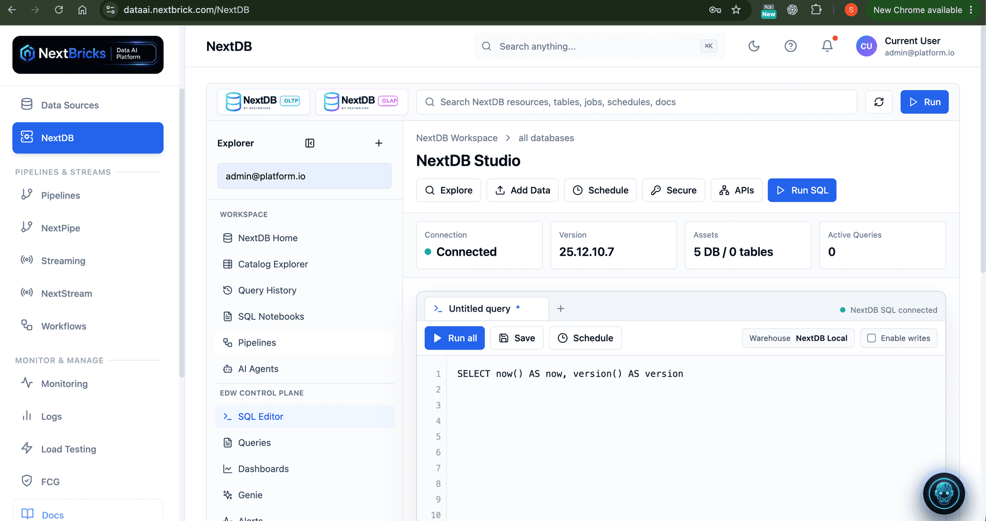 NextDB Studio operational database workspace with SQL editor, APIs, schedules, and security controls