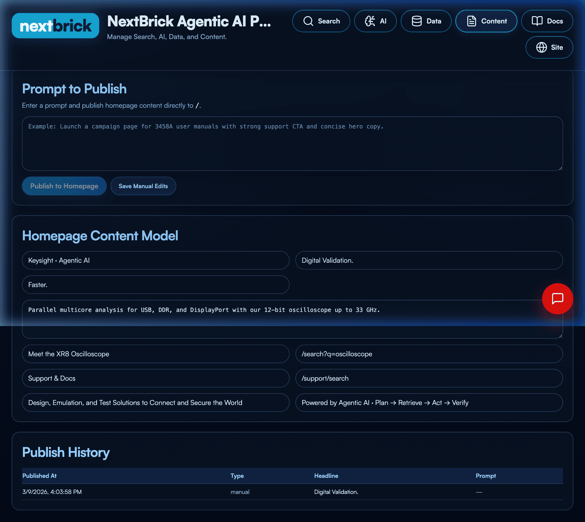 NextCMS AI-assisted publishing workspace with prompt-to-publish controls and a governed homepage content model