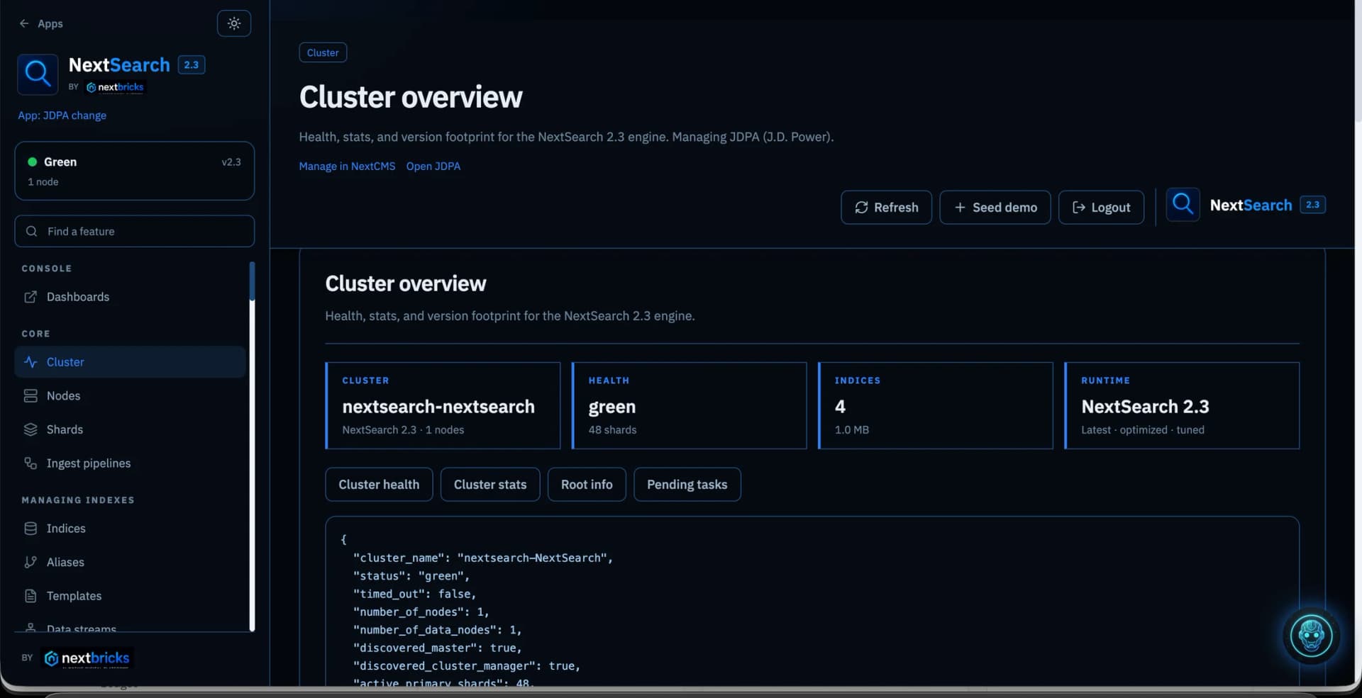 NextSearch 2.3 cluster and enterprise search operations console