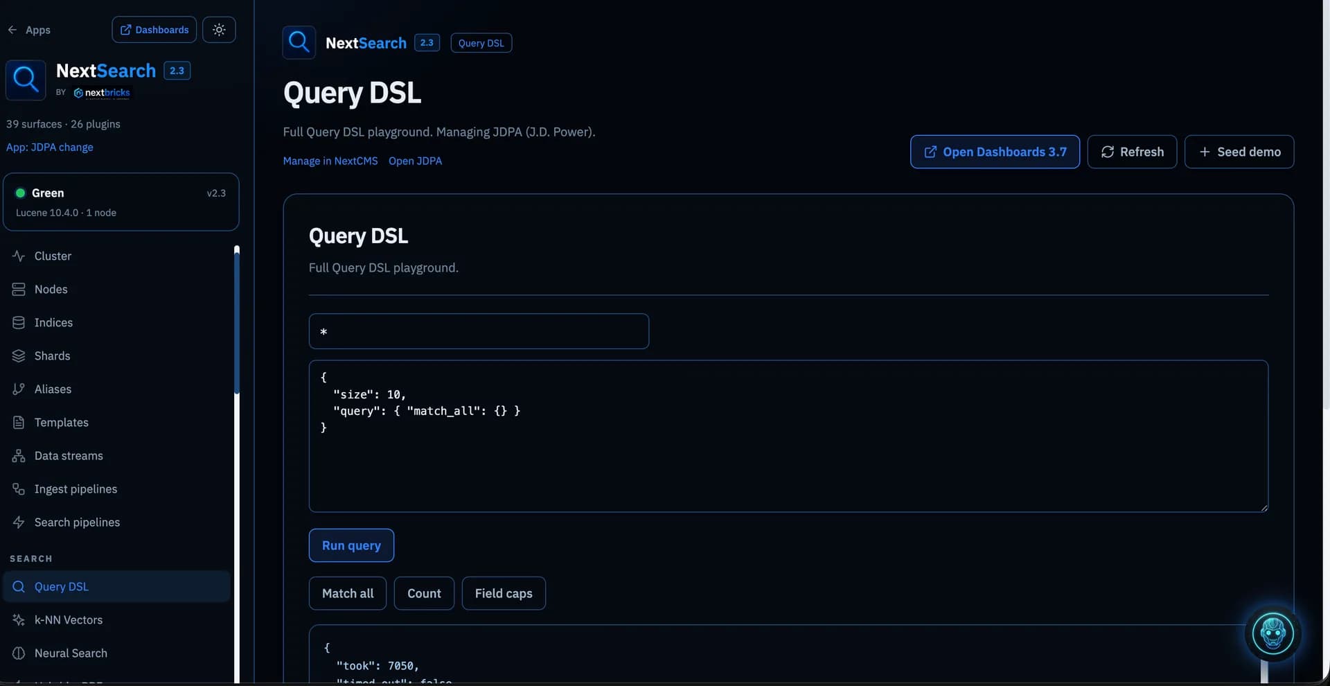 NextSearch Query DSL workspace for testing search requests during a Solr migration