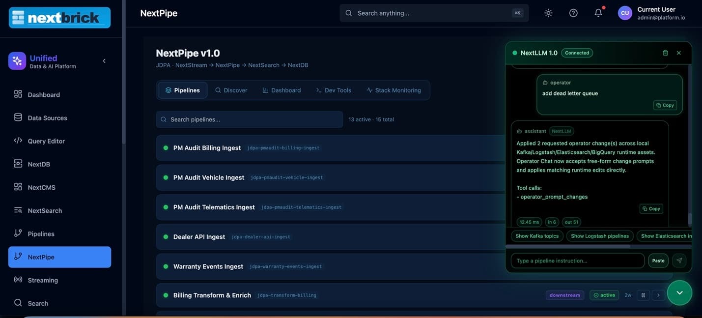 NextPipe live product interface and pipeline control surface