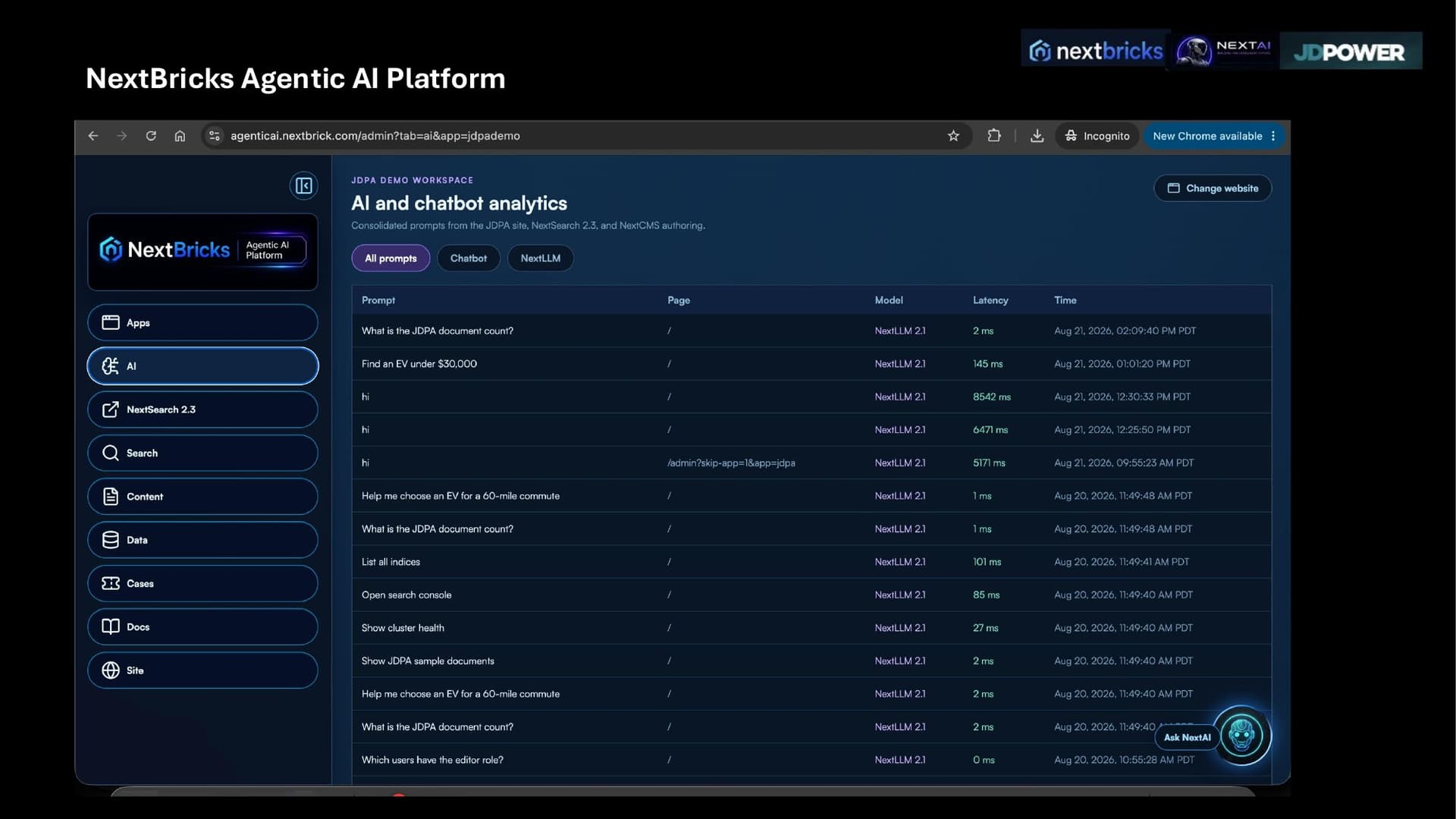 Agentic AI evaluation workspace showing prompts, models, response latency, and run timestamps