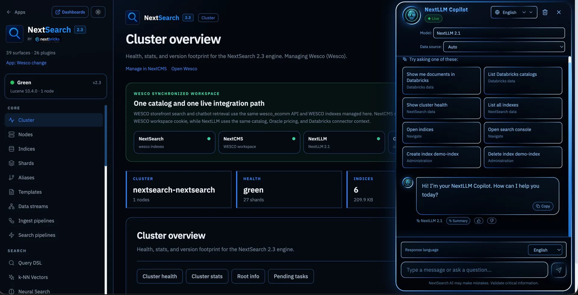 NextSearch cluster operations workspace with health, indexes, shards, and an AI copilot