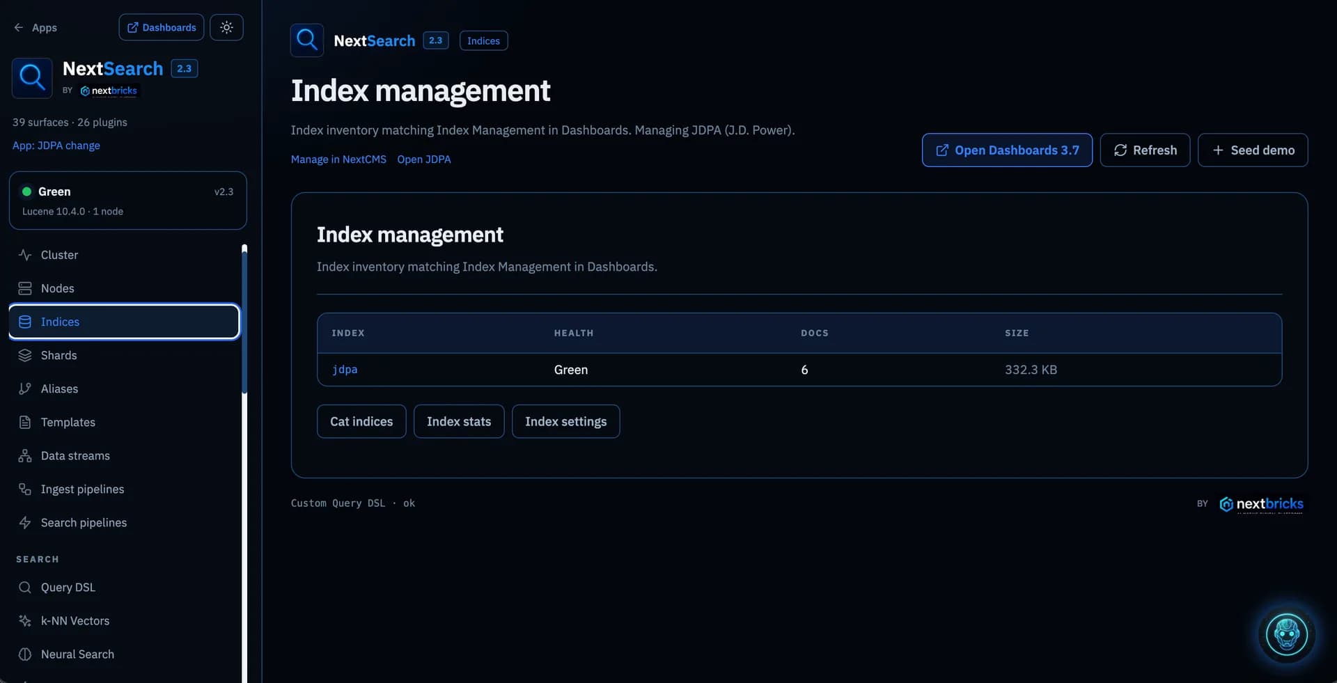 NextSearch index management for the JDPA environment showing index health and document count
