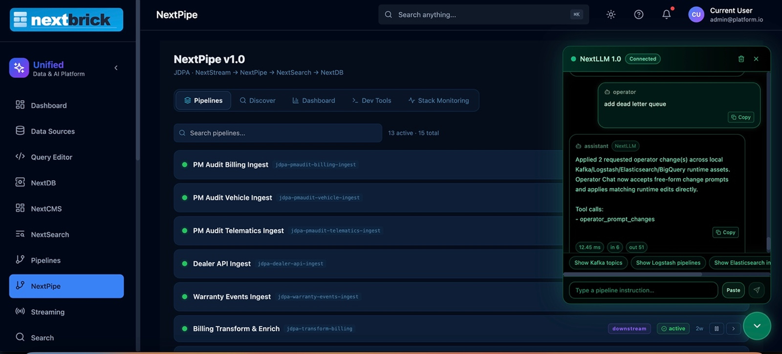 NextStream pipelines in the Unified Data & AI Platform